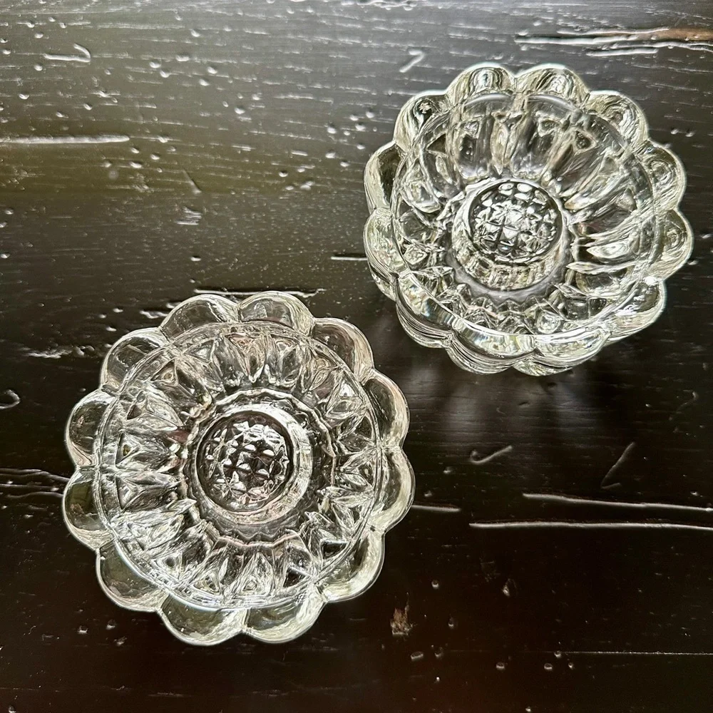 SET/2, CLEAR, LEAD CRYSTAL CANDLE HOLDERS. HEAVY, ROUND, SCALLOPED HOLDERS